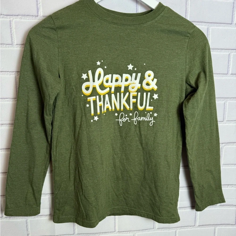 Cat & Jack Green 'Happy & Thankful' Long Sleeve Tee Thanksgiving/size M